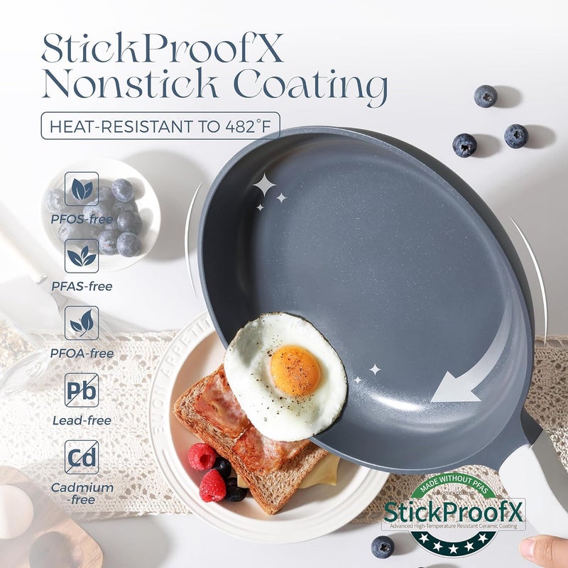 PRICUSIS Nonstick Ceramic Frying Pan Skillet, 10+12 Inch Induction Compatible with Stay Cool Handle, Healthy PTFE PFAS & PFOA Free Omelet Pan, Dishwasher Safe (Blueberry Gray) - Image 4